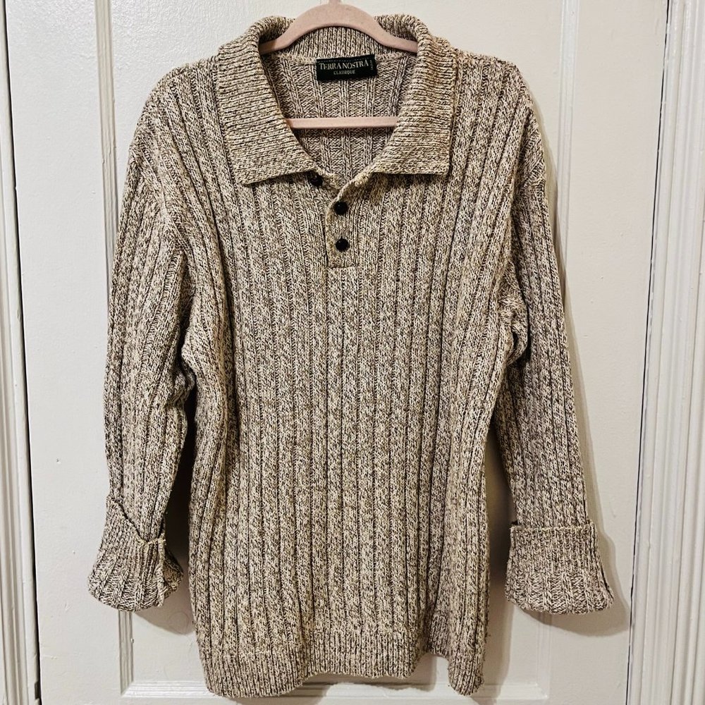 Vintage Chunky Oversized Sweater, Grey, Beige & Brown, US L